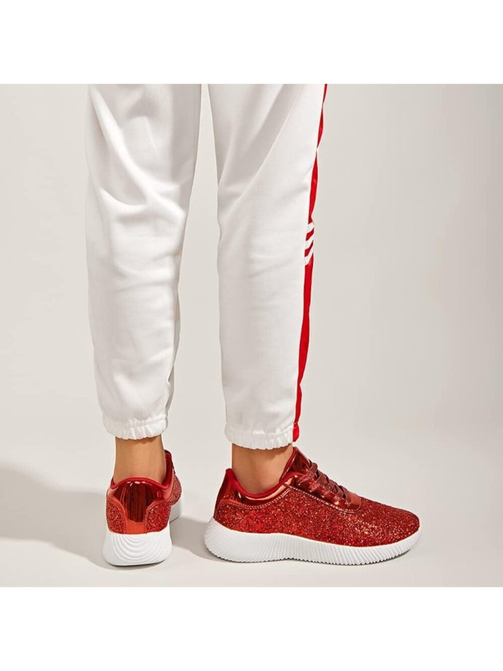 Women's Red Lightweight Tennis Shoes Glitter Sparkly Fashion Sneakers - Picture 2 of 6